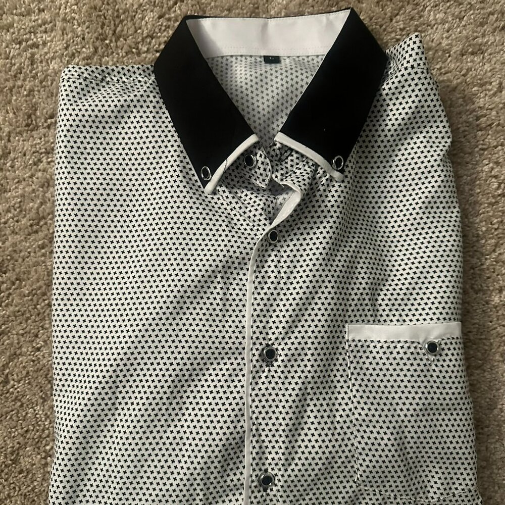 Spotted Black & White Men's Dress Shirt Size L (Unknown Brand)
